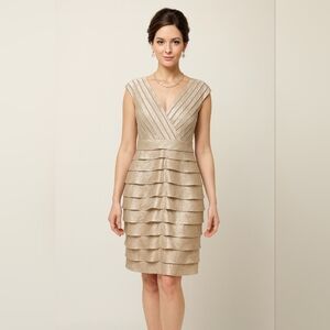 Adrianna Papell Cocktail Dress Petite Size 12 Champagne Tiered Ruffle Party